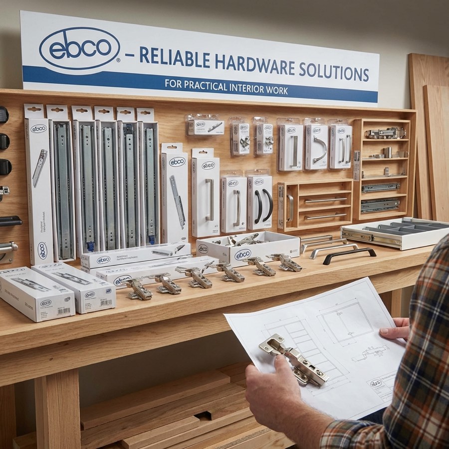 Ebco hardware display with channels, handles and hinges