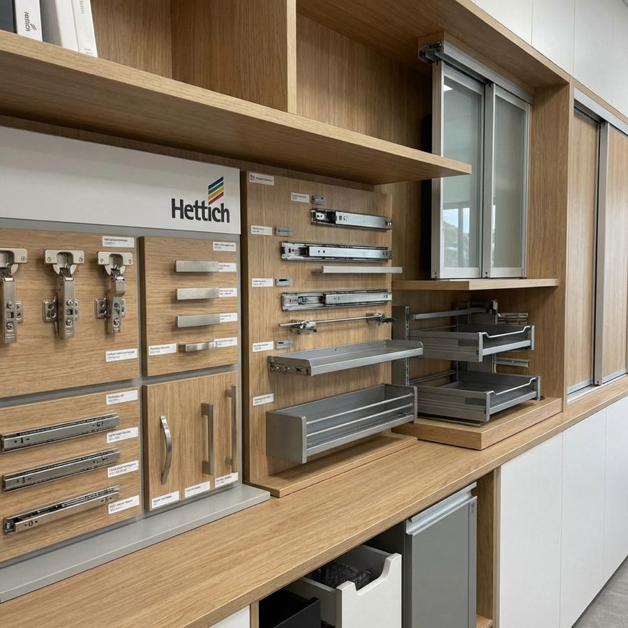 Hettich hardware display with slides and hinges