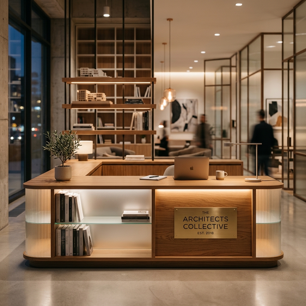 Plywood, fittings and material samples on a work desk