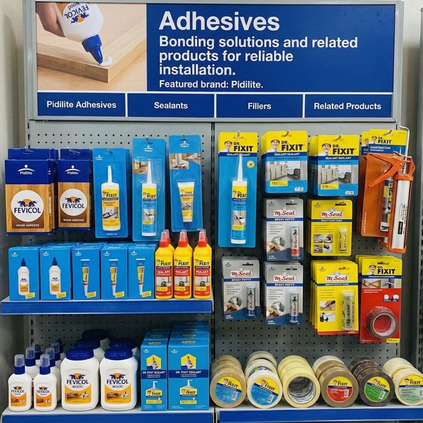 Adhesives display with Pidilite products, sealants, fillers and related installation items